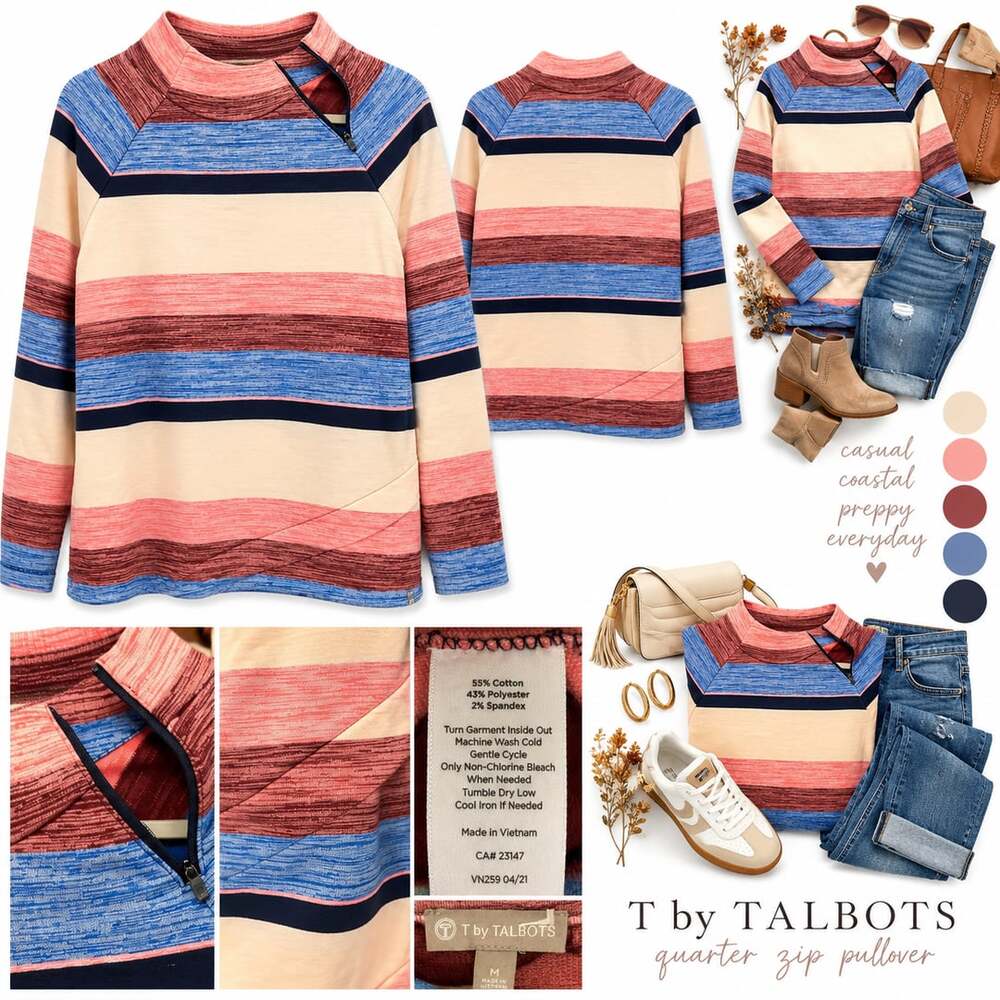 T by Talbots Quarter Zip Pullover Size M Striped Mock Neck